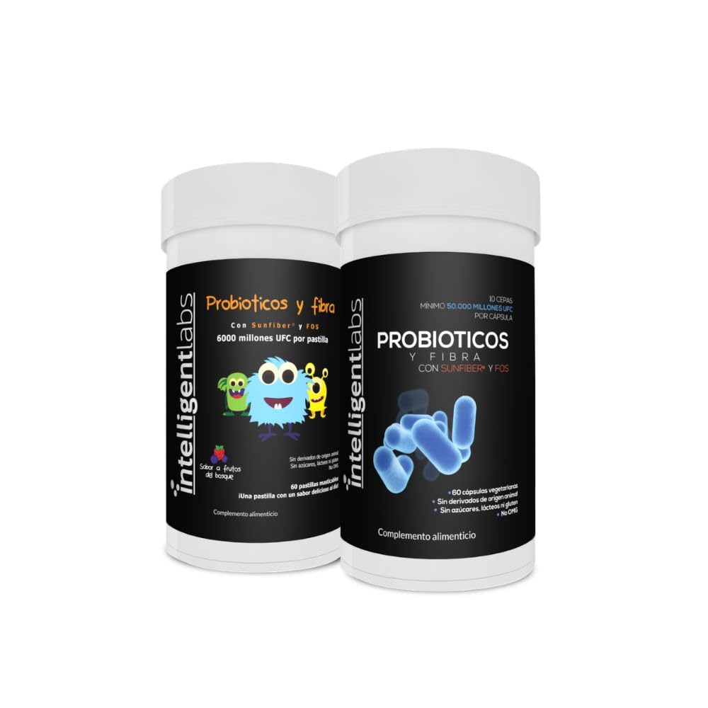 Intelligent Labs Pack 2-en-1: Probióticos Adultos (50 Mil Millones UFC) y Niños (6 Mil Millones UFC). Con Prebióticos, 60 Porciones. Suministro para 60 Días. Refuerzo de la Flora Intestinal. (189 cara