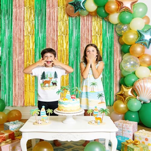 Image of TONIFUL Hawaiian Luau Summer Party Metallic Tinsel Streamer Decorations | 2 Packs 3.3 x 6.6 ft Tropical Luau Foil Fringe Curtains Backdrop for Boho Wedding Pineapple Summer Beach Birthday Party Decor