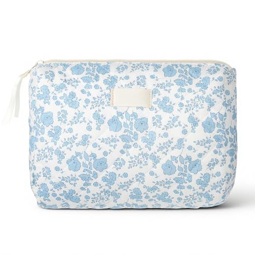 Floral Makeup Bag, Cute Cotton Makeup Pouch, Large Cosmetic Bag for Women Girls, Quilted Flower Travel Toiletry Organizer Bag(Blue)