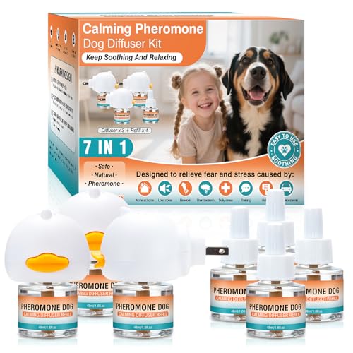 Image of Dog Calming Pheromones Diffuser to Calm Pet 7 In 1 Advanced Kit Appeasing Pheromone Diffuser for Anxiety Relief (3 Plug in+4 Pack 48ml Refill) Reduce Aggression Fighting Barking Stress (Tasteless)