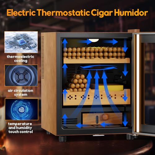 Image of 50L Upgraded Electric Humidor with Leather, 300 Counts Large Capacity,Thermostatic Electric Cooler Cabinet with Digital LED Screen, Safety Lock,Smart Humidity & Temp Control, Gifts for Men