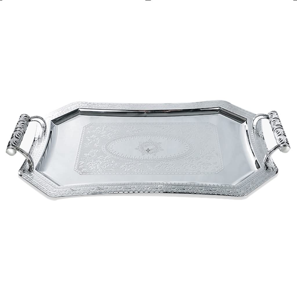Prettiee Elegant Rectangular Serving Tray Stainless Steel Engraved Decorative Breakfast Tray for Kitchen & Dining Ideal for Water Cups Snacks & Entertaining (Silver)