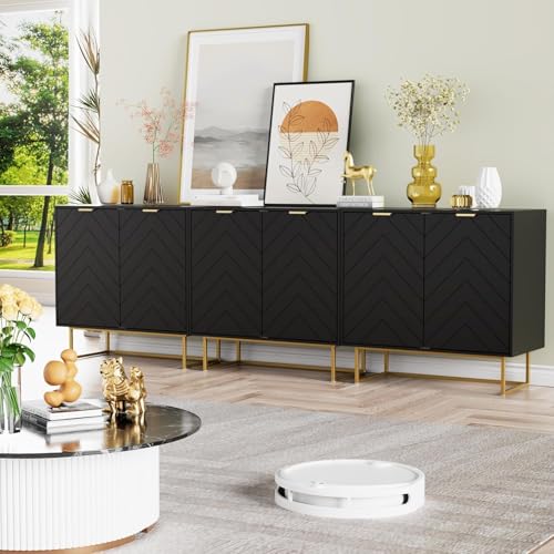 UEV Lot de 3 Buffet Bas, Armoire de Rangement, avec 6 Portes et Étagère Réglable à 3 Positions, Manche et Pieds en Métal Couleur Doré, Scandinave, pour...