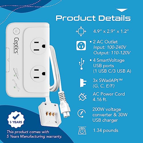 European Travel Voltage Converter by Ceptics, 230W Adapter for Curling Iron, Straightener, Chargers, Step Down World Power Plug - 4 USB Charging QC 3.0 - SWadApt Compatible - Type C, E/F, G Included by Ceptics - Image 6