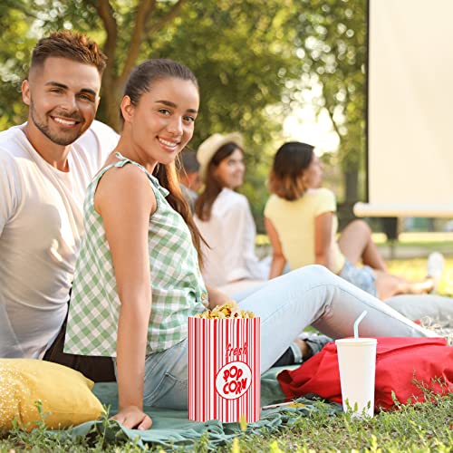 Image of Thenshop 200 Pcs Paper Popcorn Bags Flat Bottom 2 oz Disposable Film Individual Servings Oil Resistant Leak Proof Container Vintage Retro Red and White Popcorn Sleeves Bags