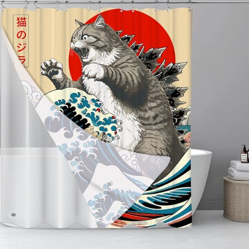 Image of 3 in 1 Funny Japanese Cat Shower Curtain with PEVA Liner Set, Vintage Cat Art Japan Anime Wave Fabric Shower Curtain with 12 Double Sided Stainless Steel Shower Curtain Hooks for Bathroom, 72 x 72