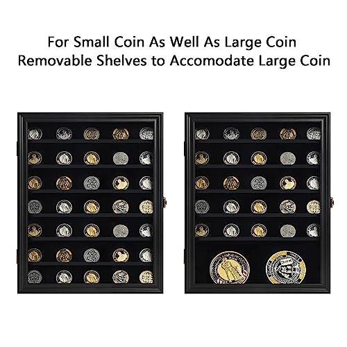 Image of Jinchuan Military Challenge Coin Display Case Lockable Cabinet Rack Holder Shadow Box with Removable 2 Grooves Shelves and Anti Dust Door for Casino Poker Chips Collectibles, Large - Black 1 Pack