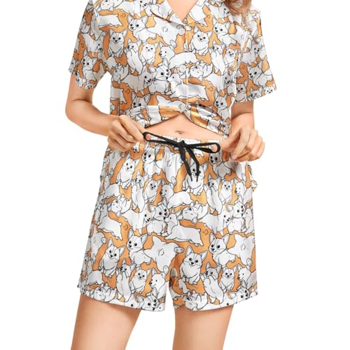 Image of Funny Pajamas for Women Set Print Satin Loungewear Pjs Short Sleeve Button Down Top and Shorts Sets Sleepwear XS-3XL