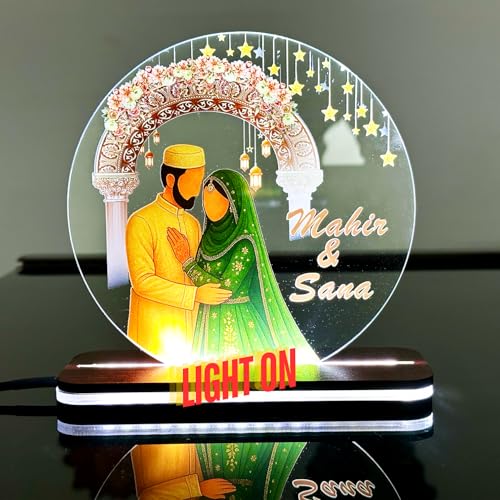 Image of Customised Muslim Wedding Led Acrylic Lamp Custom Islamic Couple Name Light Gift Nikah Decor With Stars & Lanterns Engagement Or Walima Keepsake,Green