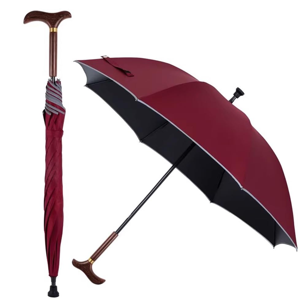 AVIITIWalking Cane Umbrella, Multifunctional Straight Rod Wooden Long Handle Design, with Safe Non-Slip Rubber Tip-Top,Red,83cm/32.6inch