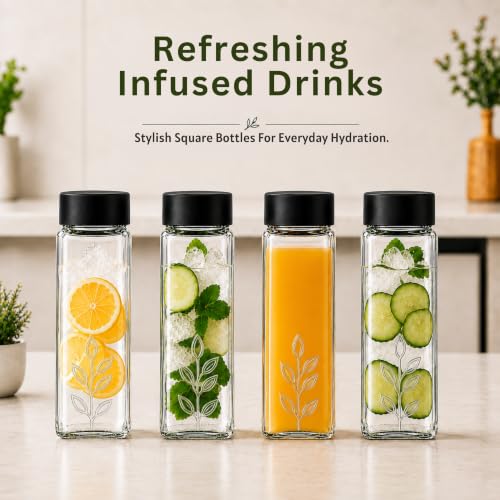 Image of Ash & Roh Square Glass Water Bottle with Lid, Transparent Wide Mouth Juice Bottle for Fridge, Office, School & Everyday Hydration Reusable for Daily Use