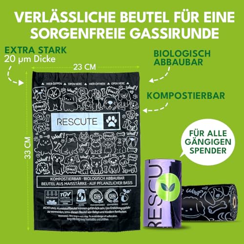 Rescute Hundekotbeutel Biologisch Abbaubar & Kompostierbar | 120 Extra Starke & Reißfeste Hundebeutel | Hergestellt mit Maisstärke | Öko Kotbeutel für Hunde | 8 Rollen