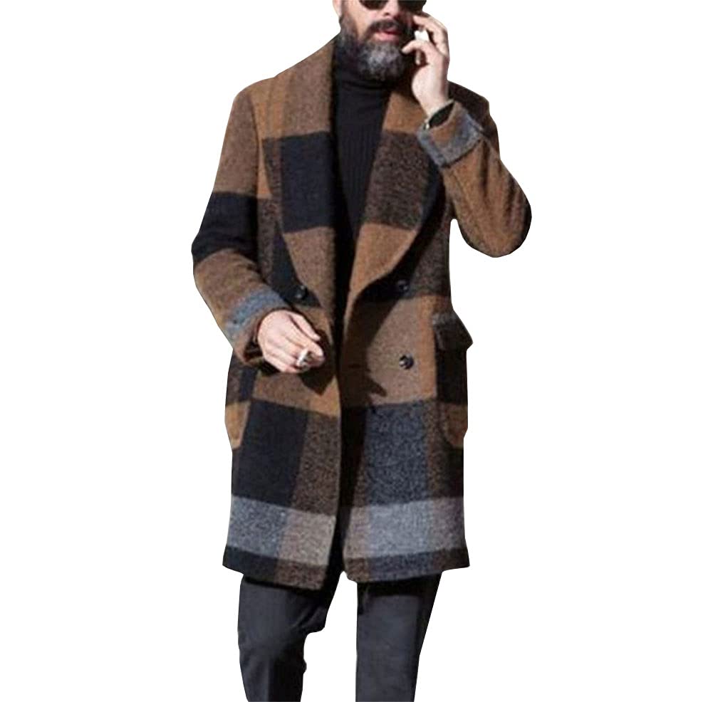Men's Casual Lapel Double Breasted Slim fit Plaid Long Wool Trench Coat |Plaid |L-image-43
