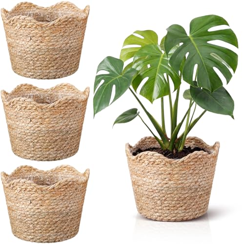 Kritkin 4 Pcs Large Seagrass Planter Basket with Plastic Lining Wicker Planter Basket Weaved Baskets for Plants Laundry Baskets Plant Container Straw Flower Pot for Indoor Outdoor Plants