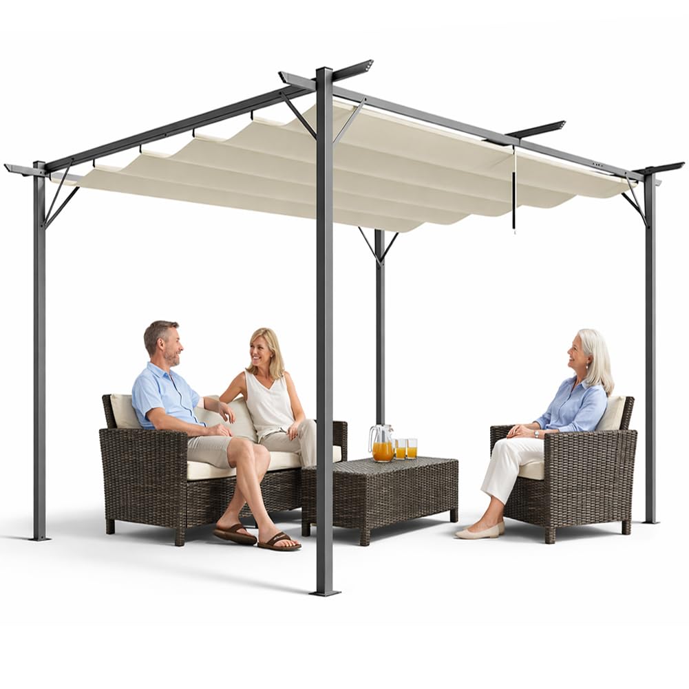 BAKAJI Gazebo Pergola Beige con Telo Retrattile in Poliestere Impermeabile e Anti UV, Struttura Resistente alle Intemperie, Ideale per Esterno, Giardino, Terrazzo, Patio, Ristorante, Bar (3 x 4 Metri)