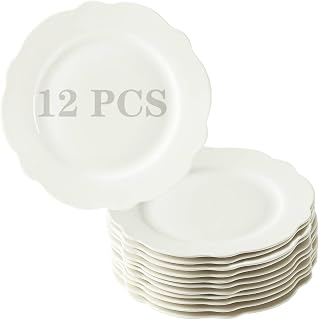 TAMAYKIM 7.5 Inch Porcelain Dessert Plates Set of 12, Lotus Shape Salad/Bread Plates, Wavy Rim Appetizer Dinnerware Set, Restaurant Dishes, Microwave, Oven & Dishwasher Safe, White