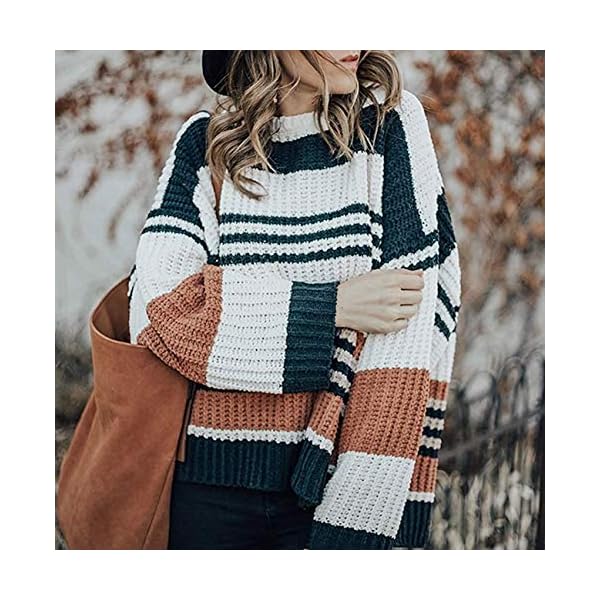 ZESICA Women's 2024 Fall Long Sleeve Crew Neck Striped Color Block Casual Loose Knitted Pullover Sweater Tops,Black,Medium