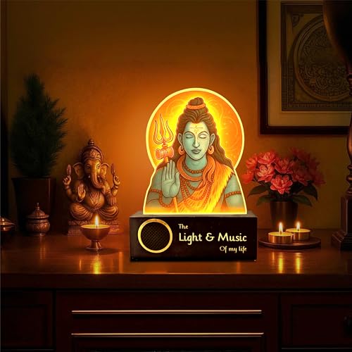 Image of ZOCI VOCI Lord Shiva LED Lamp with Wooden Base - Shiv Ji Night Light for Pooja Room, Mahadev Photo Frame Lamp for Home Temple Decor, Bedside Table Lamp (Warm Light + BT Speaker)