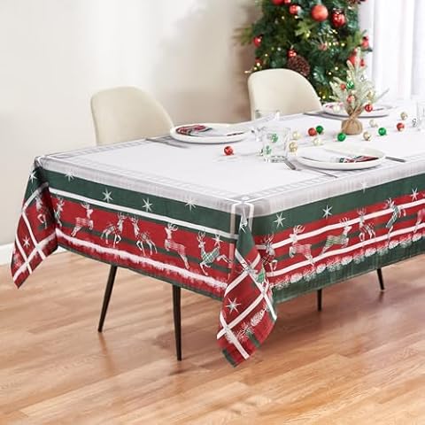Kadut Christmas Tablecloth, Checkered Plaid Table Cloth, in Classic Traditional Holiday Colors, Plaid & Charming Reindeer Design, (60 x 84 Inch) for 5 Foot Rectangle Tables Xmas, Holiday, Parties. Cover