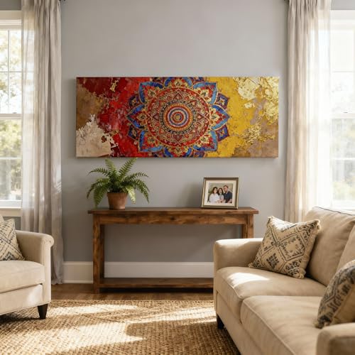 Image of SoulAbiti Rajasthani Mandala Fresco Unframed 36x14 inches Rolled Canvas Wall Contemporary Art UV Print Painting for Living Room, Bedroom & Office Decor Premium Gloss Vivid Fade-Resistant Print