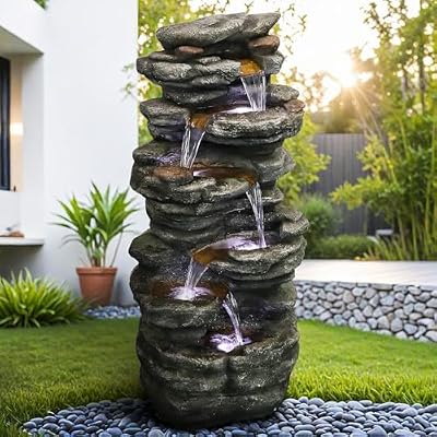 chillscreamni 6-Tier Rockery Outdoor Fountain - 40” H Outdoor Waterfall Fountain with LED Lights for Home&Office Decor, Stacked Rock Cascading Relaxation Garden Fountains Outdoor for Patio, Yard, Deck
