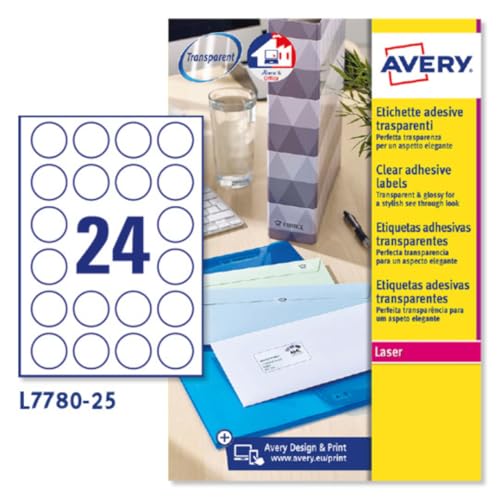 Avery España L7780-25 Etiquetas adhesivas transparente brillante, 25 hojas A4, redondas 40mm, 24 etiquetas por hoja, adhesivo permanente, impresoras láser