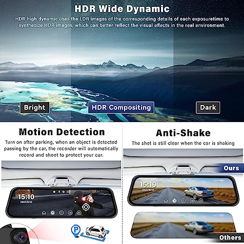 CAMECHO Mirror Dash Cam, 9.66" Touch Screen Front and Rear View Mirror Camera for Car, Dual Dash Cameras Front and Rear, Super Night Vision,Parking Monitoring, Reverse Backup Camera+32GB TF Card - Thumbnail 7