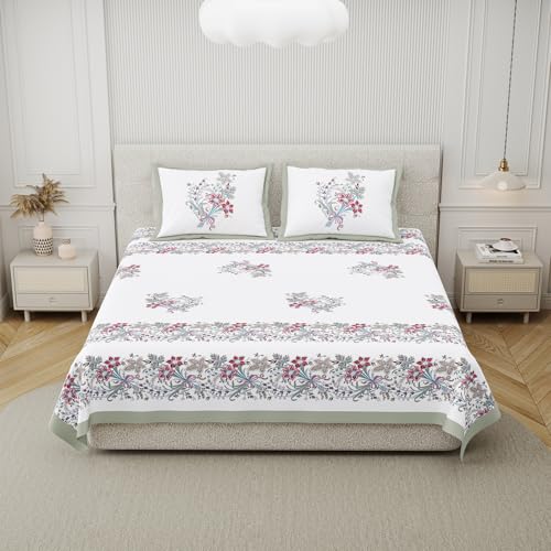Image of DE CAMA 100% Cotton 300 TC King Size Bedsheet (90x108 Inch) with 2 Pillow Covers (17x27 Inch) | Premium Designer Printed Double Bed Sheet Set | Soft, Breathable, Luxury Bedding - Luxe Bloom Pink