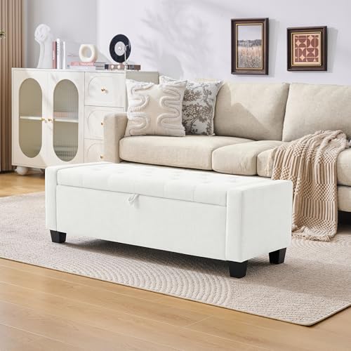 Image of Huatean Home 43 inch Ottoman with Storage, White Storage Ottoman Bench with Safety Hinge, Upholstered Entryway Bench with Seating for Bedroom, Living Room, Holds up to 330 lb