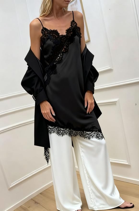 Seyumixi Women's Satin Slip Dress with Lace Trim Asymmetrical Hem Sexy Lace Mini Dress Spaghetti Strap Silk Cami Top - Image 5