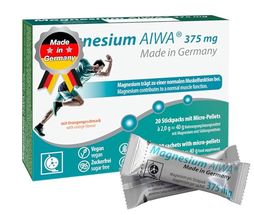 T&D Magnesio AIWA 375 mg, sin agua, 20 unidades, sabor a naranja, fabricado en Alemania