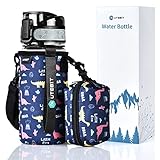 UTEBIT Trinkflasche Kinder Auslaufsicher 500ml, Wasserflasche 0.5L mit Strohhalm, Personalisierte Trinkflasche Kinder Tritan mit Dinosaurier-Muster-Schutzfall, Praktisch Schlüsseltasche und Tragegurt