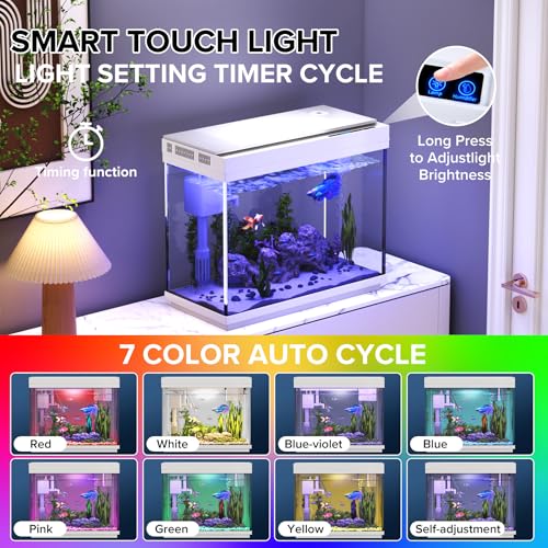Image of Vehipa Betta Fish Tank 2.4 Gallon HD Glass Aquarium Starter Kits | with 3 in 1 Quiet Filter, Humidifier, 7 Color Lights, Temperature Display