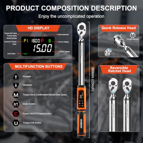 Image of coobeast 1 /2 Drive Digital Torque Wrench(3.76-250.8 Ft.lbs. /5.1-340Nm) | Preset Value Torque Wrench with ±2% accuracy, Buzzer and LED Flash Five Units of Measure for Motorcycle, Auto Repair