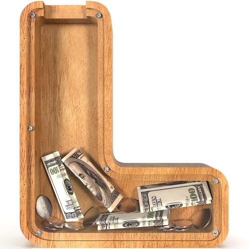 Image of Piggy Bank for Kids Boys Girls, Large Personalized Wooden Letter Piggy Bank with Cut-Out Design, Alphabet Letter Coin Banks, Money Savings Box, Wooden Bank for Kids Creative Gift for Real-Money(L)