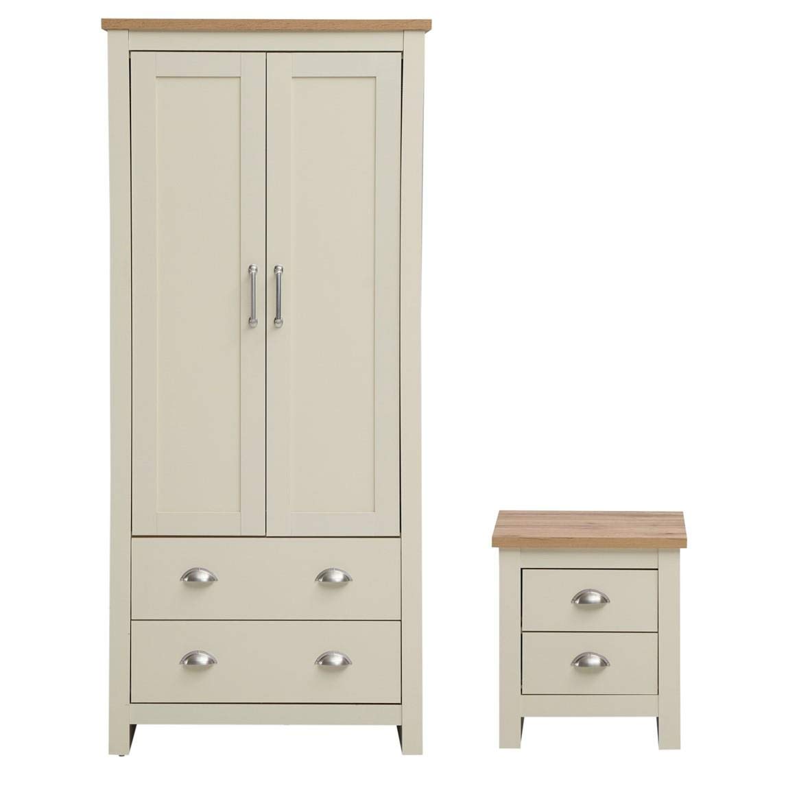 Timber Art Design UK Bedroom Furniture Set Wardrobe 2 Piece Bedside Table with Steel Handles & Metal Drawer For Bedroom, Living Room, Home Office, Hallway, Multi-functional Storage Unit, Cream