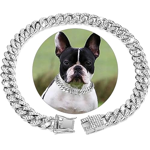 Collana cubana per cani in argento con diamanti cubani che cammina, in metallo argentato, con fibbia di sicurezza, accessorio per cani e gatti (argento, 20,3 cm)