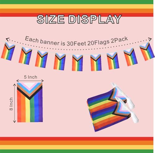 Image of 2 Pack Progress Pride Flag Banner String Rainbow Gay LGBTQ Bunting Garland Decorations 5x8inch