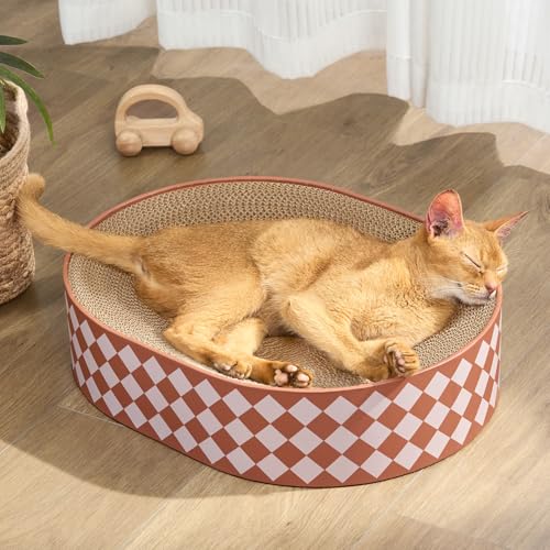 Conlun Tiragraffi per Gatti Letto Ovale 2 in 1 - Graffi e Riposo, Tiragraffi Cartone Ondulato Naturale, Base Antispargimento Graffiatoio per Gatti, Senza Montaggio, Design Elegante e Colori Versatili