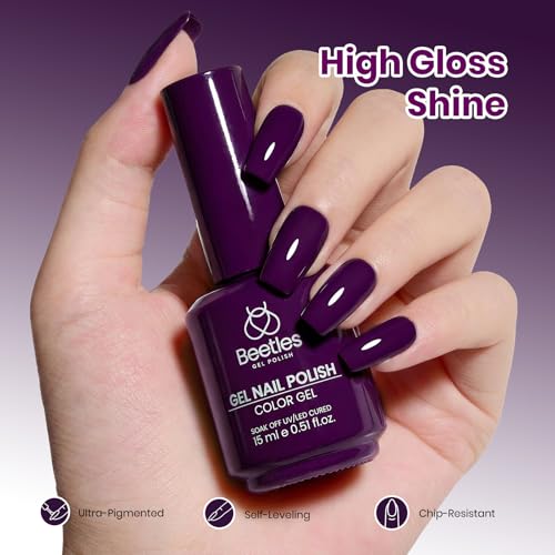 Image of Beetles Purple Gel Polish - Royal Plum, 1pc 15ml Deep Purple Color Soak Off UV LED Gel Polish, Glossy Solid Nail Art, Elegant Dark Nails for All Season Party, Salon DIY Manicure