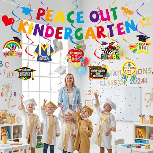 Image of Kindergarten Graduation Decorations, 10PCS Peace out Kindergarten Graduation Banners Hanging Swirls Party Decor, Colorful Congrats Grad Party Supplies