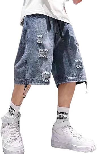 Mens Baggy Shorts Y2k Denim Jorts Grunge Ripped Jean Shorts Summer Loose Fit Hip Hop Wide Leg Jorts Streetwear