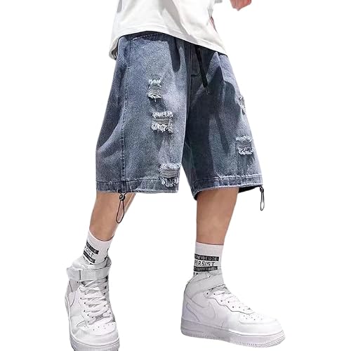 XAJKOU Mens Baggy Shorts Y2k Denim Jorts Grunge Ripped Jean Shorts Summer Loose Fit Hip Hop Wide Leg Jorts Streetwear (US, Alpha, 3X-Large, Regular, Regular, Blue)