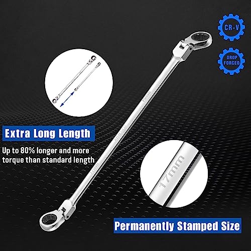 Image of 6-Piece Extra Long Flex-Head Ratcheting Wrench Set, 72-Tooth Double Box End Wrench Set, CR-V Steel ratcheting wrenches with Metric 8mm - 19mm