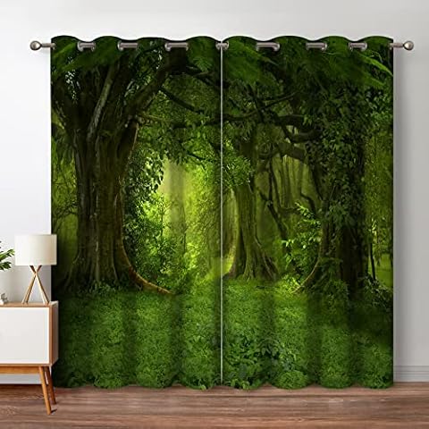 Jekeno Forest Blackout Curtains Tropical Jungle Green Trees Foliage in The Woodland Himalayas Landscape Nature Decor for Bedroom Living Room Grommet Window Drapes 2 Panel Set, 52"x84" Cover