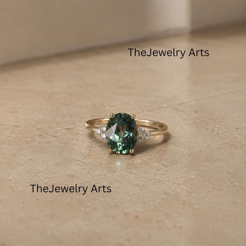 Green Sapphire Engagement Ring for Women, 2.32 Ct Oval Cut Sterling Silver Rhodium Plated Art Deco Promise Ring