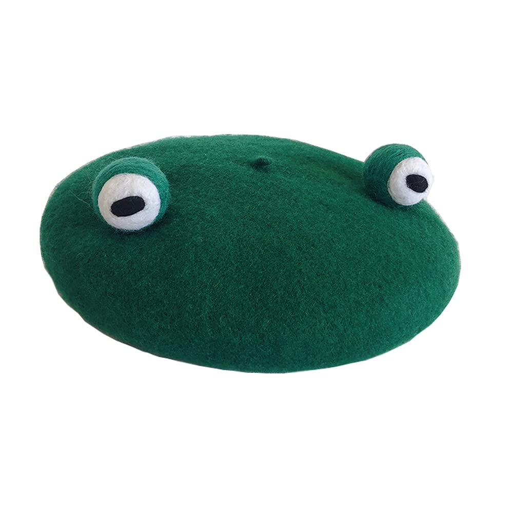 Kmiunty Women Frog Beret Handmade Green Frog Eyes Balls Beret Hat Soft Wool Cap Artist Painter Beret Hat Cosplay Beret