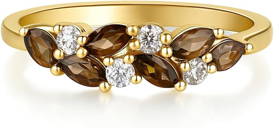 Marquise Cut Smoky Quartz and Diamond Wedding Band for Women in 14K Yellow Gold Half Eternity Stackable Promise Ring Matching Anniversary Jewelry Gift