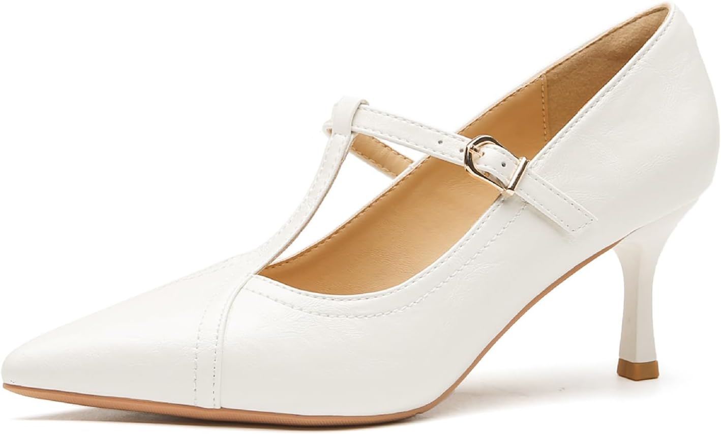 Women'S Leather T-Strap Sexy Pointed Stiletto Heel Pumps Fashion Adjustable Buckle Comfort Kitten Heel Mary Janes Party Wedding Evening Dress High Heel Shoes