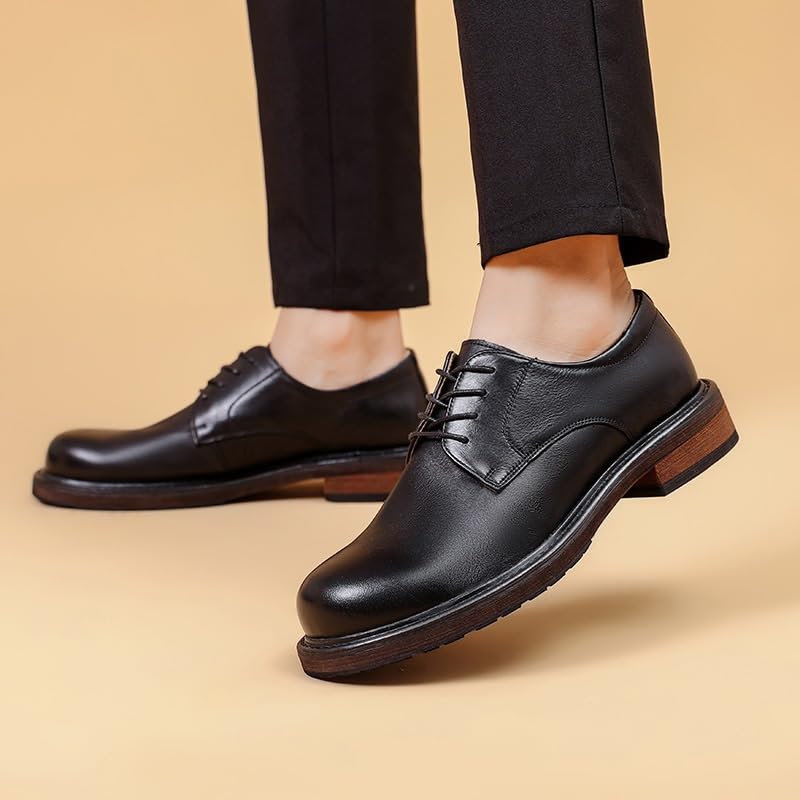 Dress Oxford for Men Lace Up Round Toe Genuine Leather Derby Shoes Block Heel Slip Resistant Rubber Sole Classic2